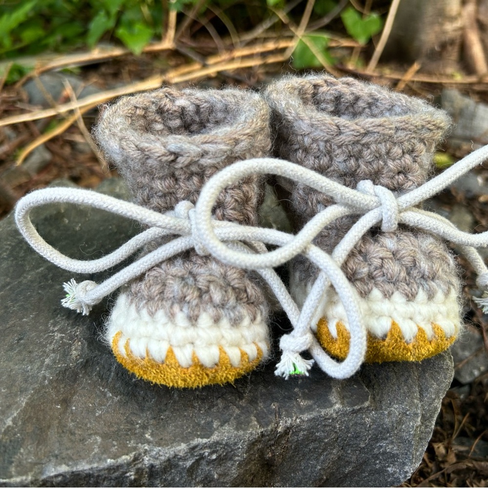 Handmade Crochet Baby Booties - Tan and White